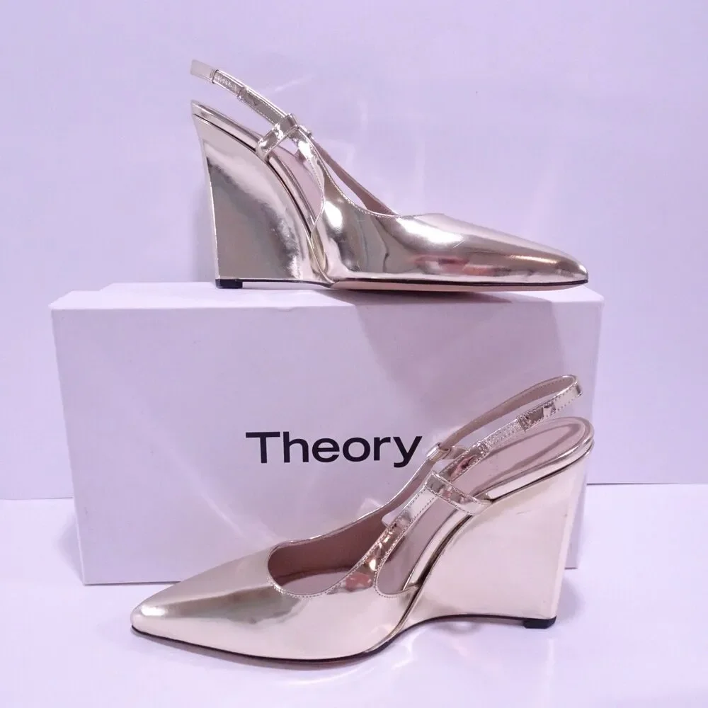 Theory Women's Slingback Wedge Pump in Metallic Leather $395 Sz 38 GOLD